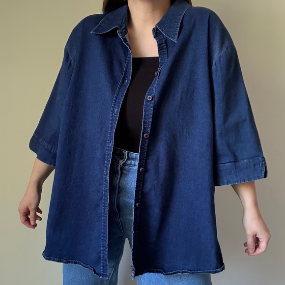 Vintage Stretch Denim Short Sleeve Button-Up Shirt - Picture 1 of 7
